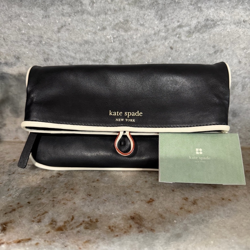 Kate Spade Remi Black and Cream Foldover Clutch Wallet with polka dot interior